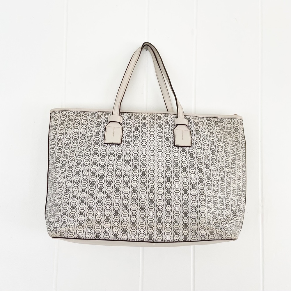 Tory Burch Gemini Link Tote Coated Canvas Double Strap Tote Designer Cream Blue - Picture 2 of 13
